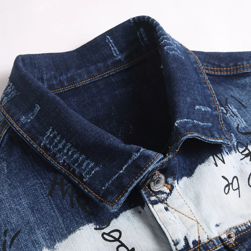 Men Graffiti Denim Jacket Casual Letters Printed Stretch Blue Jean Coat Slim Fit Lapel Collar Long Sleeve Outerwear