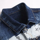 Men Graffiti Denim Jacket Casual Letters Printed Stretch Blue Jean Coat Slim Fit Lapel Collar Long Sleeve Outerwear