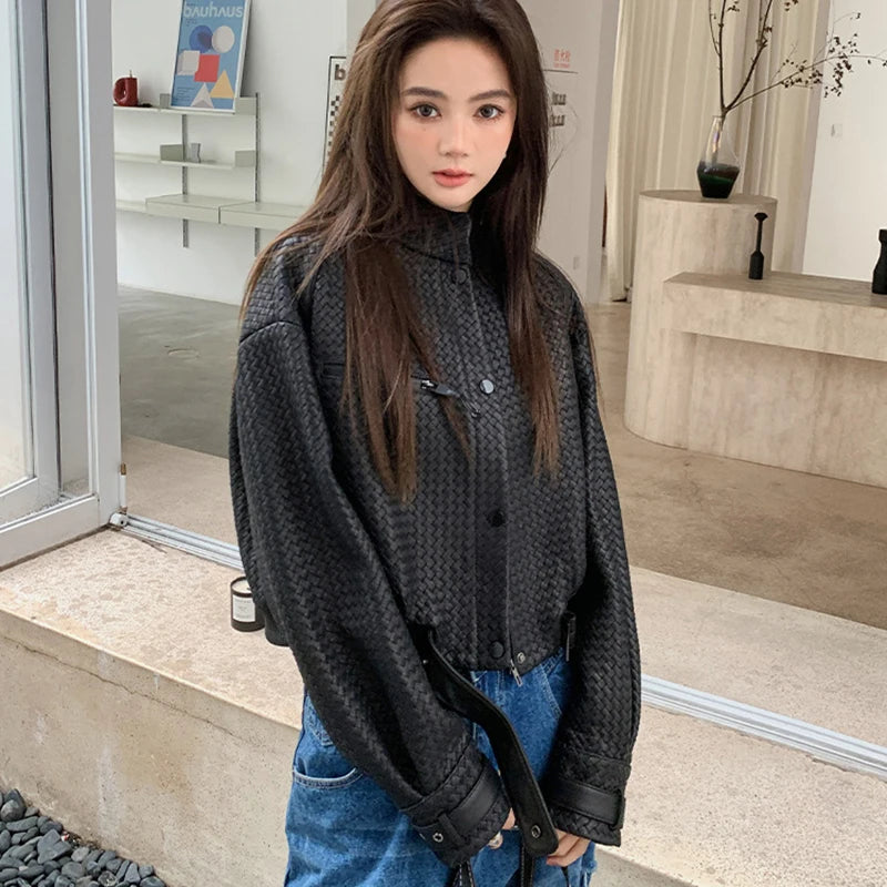 Natural Sheepskin Coat Women Autumn European and American Fashion Short Motorcycle Casual High Quality Hand-Woven Leather Jacket