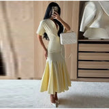 Women Fashion Solid Dress V-neck Ruffles Hem Short Sleeves Waist-cinching Draped Empire Dresses Summer Chic Elegant Summer Gown