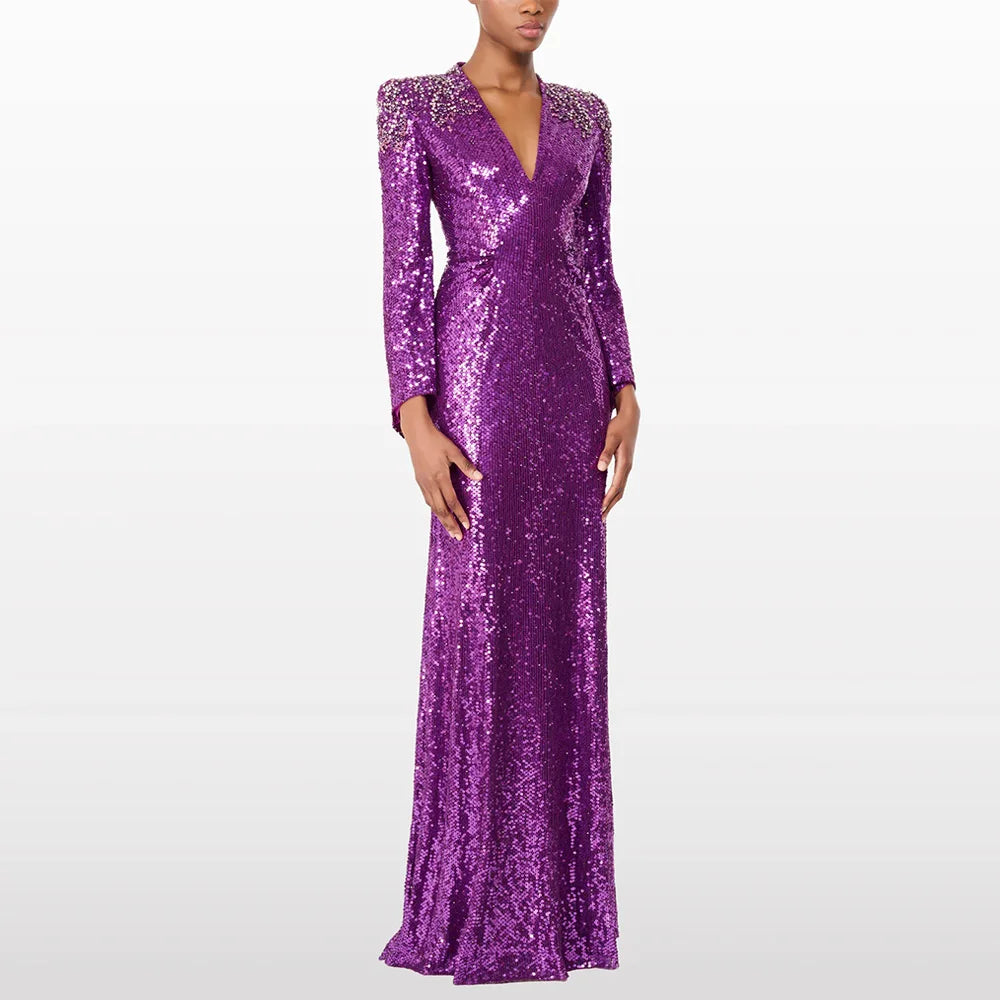 Sparkling Sequined Evening Dress Customized Deep V Neck Beading Crystal Formal Party Gown Robe De Soiree Prom Dresses