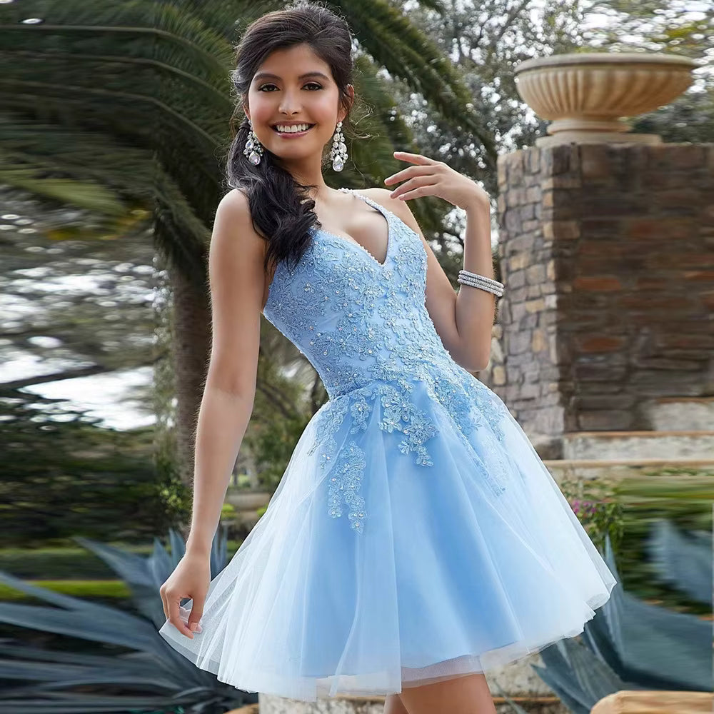 Beading V-Neck Cocktail Dress – Spaghetti Strap Mini Gown