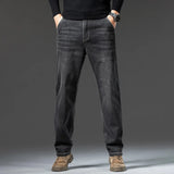 Men's Winter Fleece Thicken Lightweight Business Straight Leg Jeans Solid Color Versatile Slight Elastic Long Pants