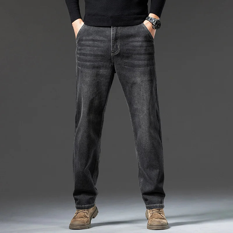 Men's Winter Fleece Thicken Lightweight Business Straight Leg Jeans Solid Color Versatile Slight Elastic Long Pants