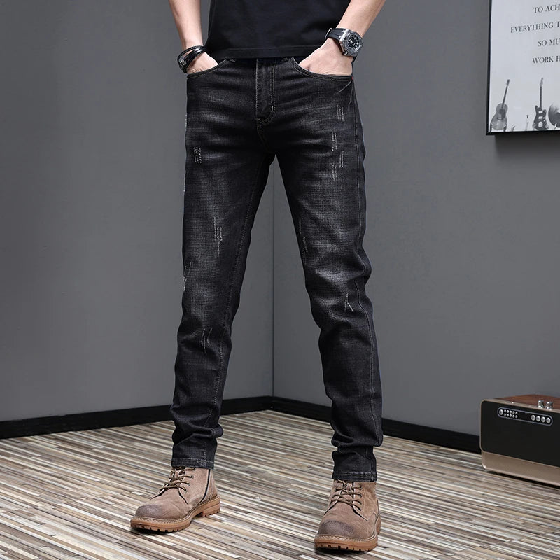 Embroidered Jeans Men's Autumn Winter New Korean Fashion Slim Little Feet Trousers Stretch Vintage Street Denim Trousers Male