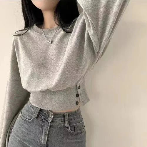 Autumn Women Solid O-Neck Slim Crop Top Lantern Sleeve With Button  Sweat Casual Hip-Hop Sporty Pullover Sweet Chic Street Wear