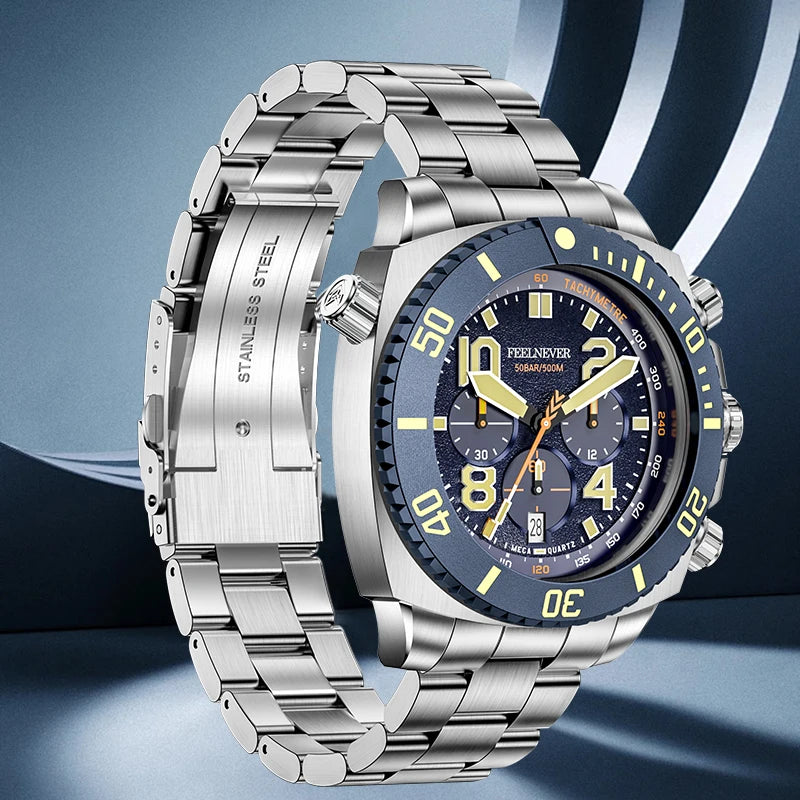 FeelNever Sport Automatic Movement Quartz Watch Stainless Steel Sapphire Crystal Watches Men 500M Waterproof Clocks Reloj Hombre