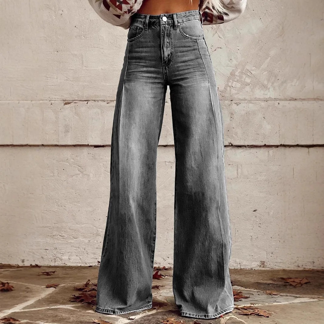 Women’s Retro Denim-Print Flared Trousers | USA Street Style Leg-Lengthening Tall Pants