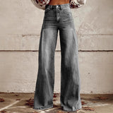 Women’s Retro Denim-Print Flared Trousers | USA Street Style Leg-Lengthening Tall Pants
