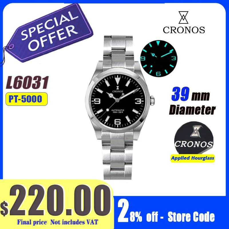 Cronos EX Diver Mechanical Men Watch 39mm Automatic PT5000 / Miyota 90S5 Sapphire Glass Bushed Bracelet Glide Clasp 10ATM L6031