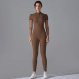 Zip-Front Yoga Jumpsuit - Quick-Dry Short Sleeve Fitness Bodysuit