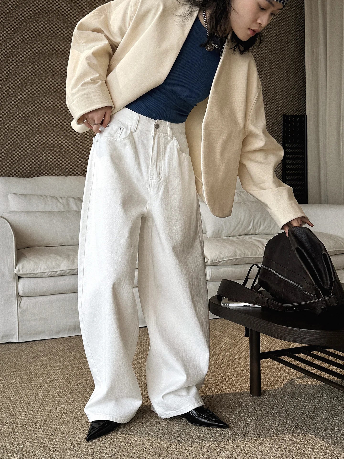 Spring/Summer New American Retro Fashionable High Waist Washed Used Cat Beard Jeans Loose Wide Leg Pants Women
