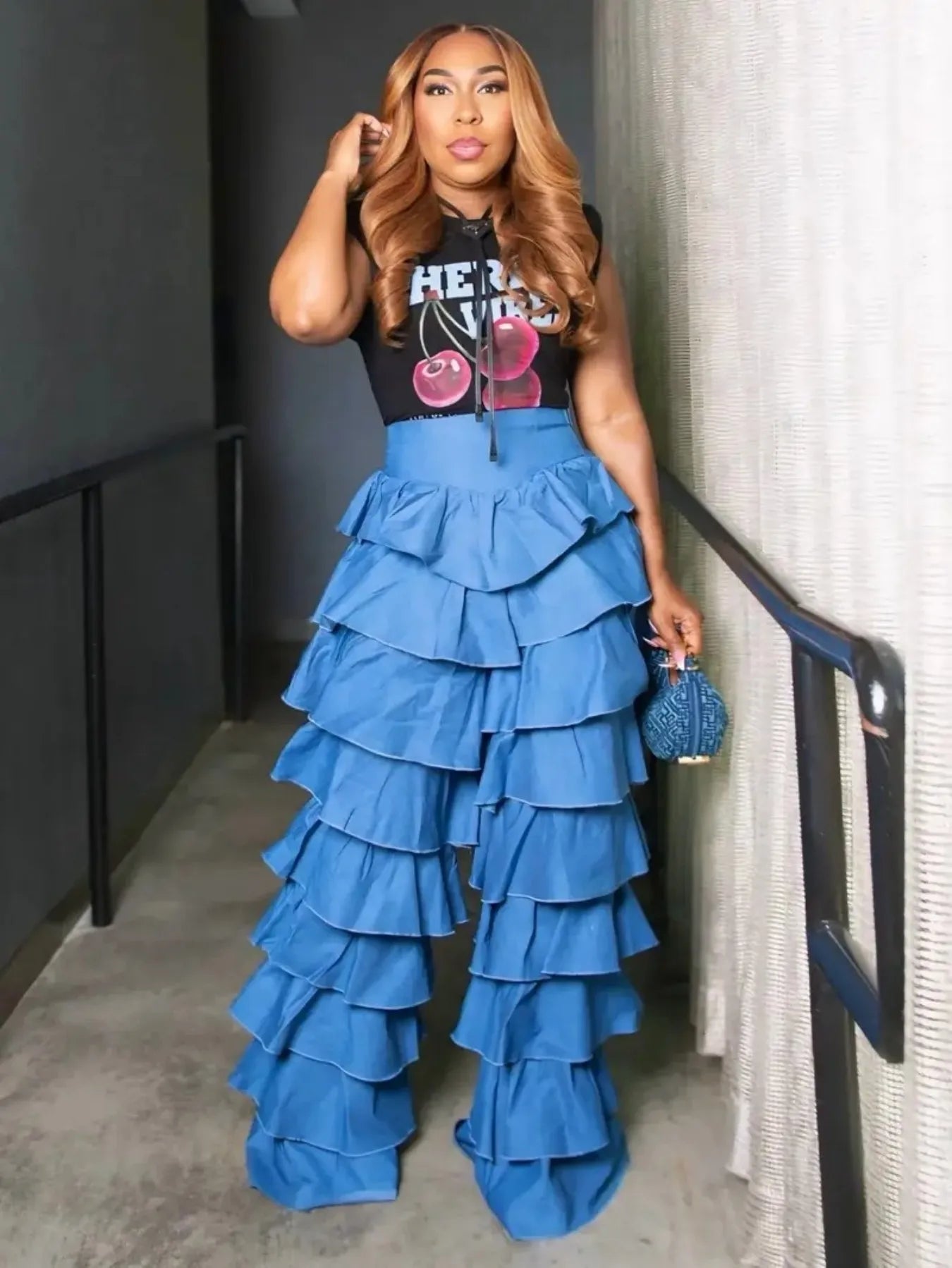 Women’s Ruffled Multi-Layered High-Waist Wide Leg Denim Pants