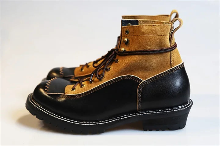 KOWM Hiking shoes men's cowhid boots British leather trekking shoes thick soled ankle sneakers cowhide high top motorcycle boots