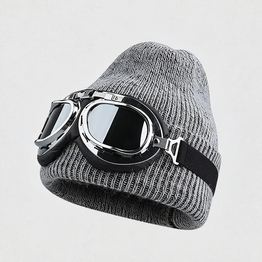 winter Fuzzy White Knitted Beanie Hat with Glasses Outdoor Winter Skiing Windproof Thermal Skullies Bonnet Ski Goggles Decor