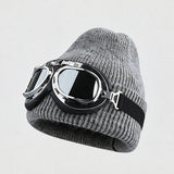 winter Fuzzy White Knitted Beanie Hat with Glasses Outdoor Winter Skiing Windproof Thermal Skullies Bonnet Ski Goggles Decor