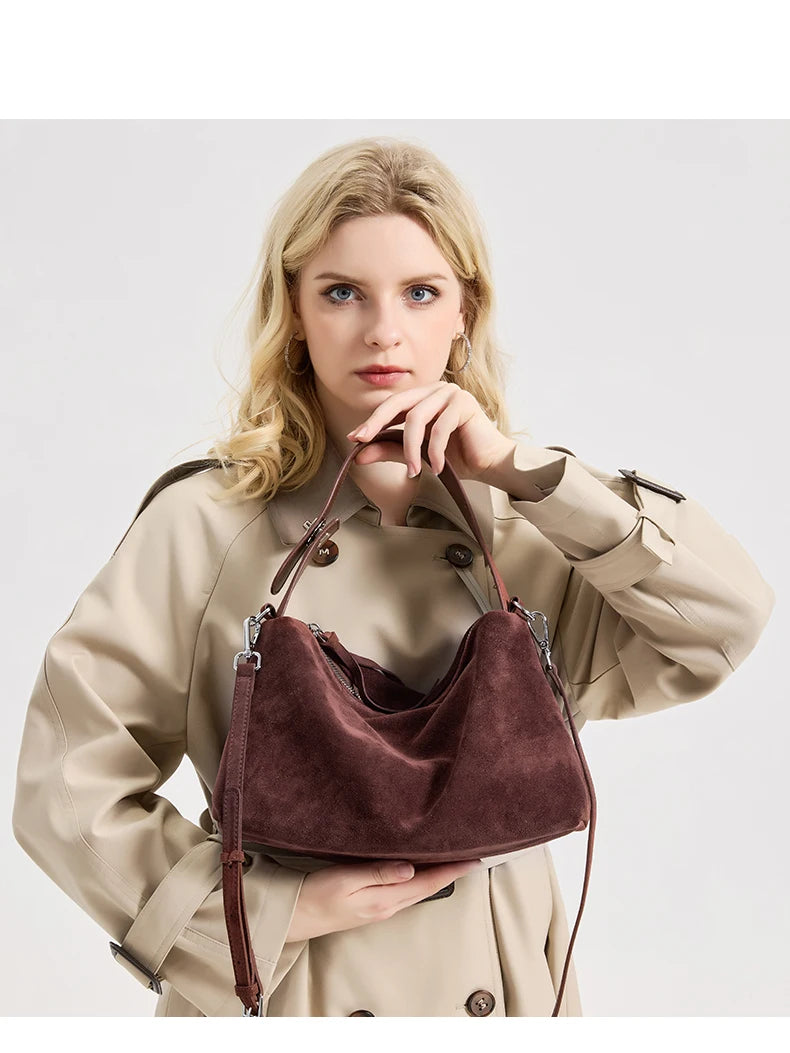 Russian Women's Genuine Suede Cowhide Leather Shoulder Bag Retro Frosted Cow Large Capacity Versatile Commuting Luxury Designer
