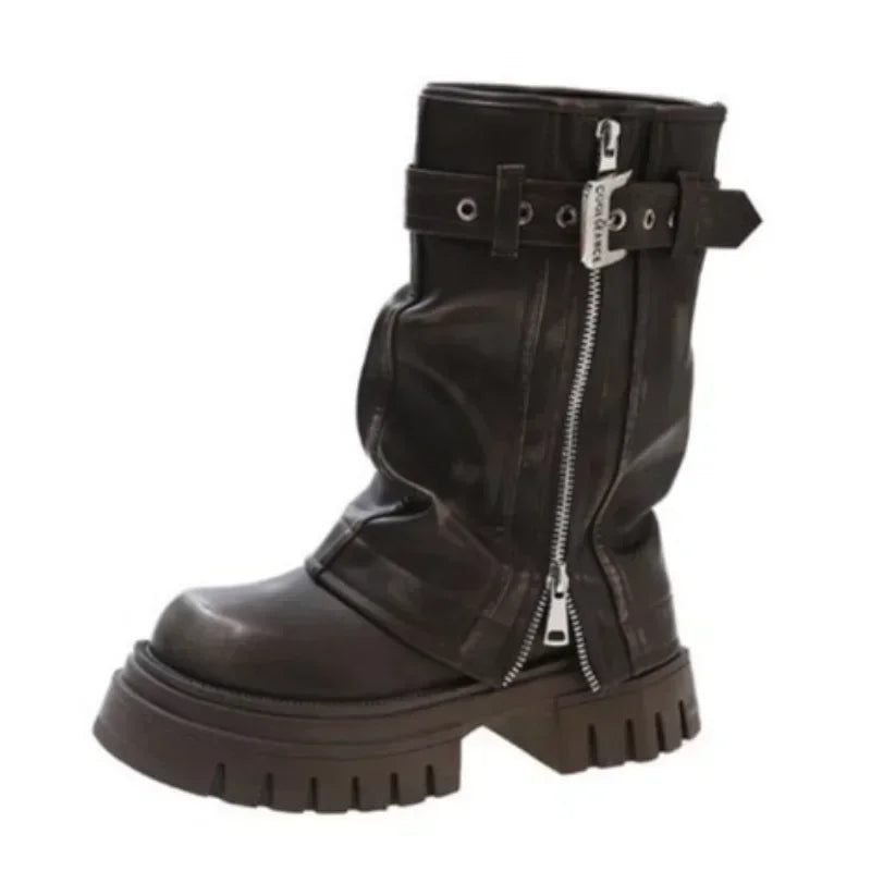 Women's Biker Boots – Belt Buckle Platform Mid-Calf