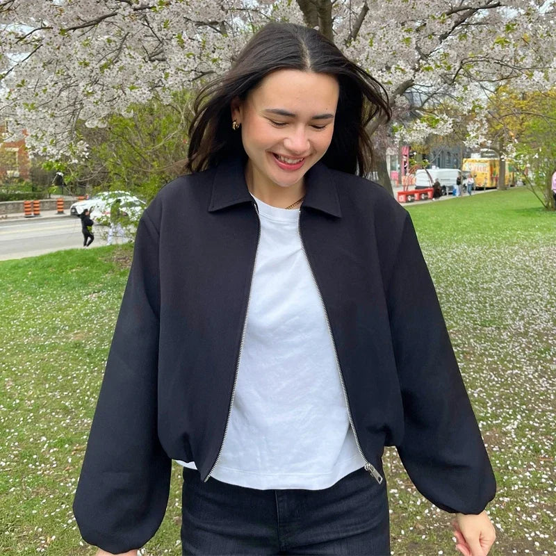 MUJER Women's Puffed Varsity Bomber Jacket | Cropped & Chic