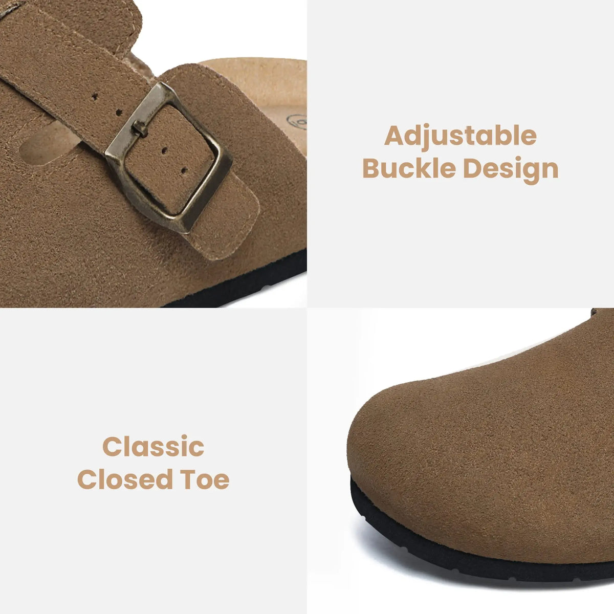 Evshine Men's Suede Clogs Fashion Leather Mules Cozy Footbed Slippers With Adjustable Buckle AntiSlip Cork Slippers Unisex Mules