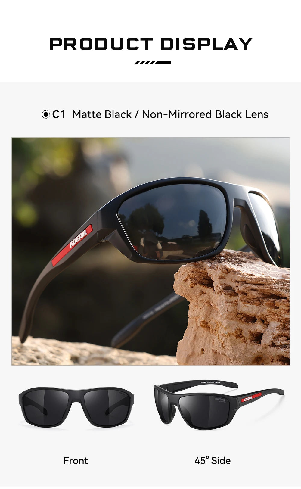 KDEAM All Black Fishing Sunglasses Polarized Performance Sports Sun Glasses For Men TR90 With Skull Case Category 3