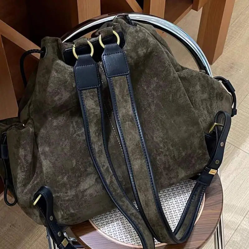 European And American Frosted Suede Bucket Type Backpack Retro Large Capacity Portable Single Shoulder Diagonal Cross Bag Trendy