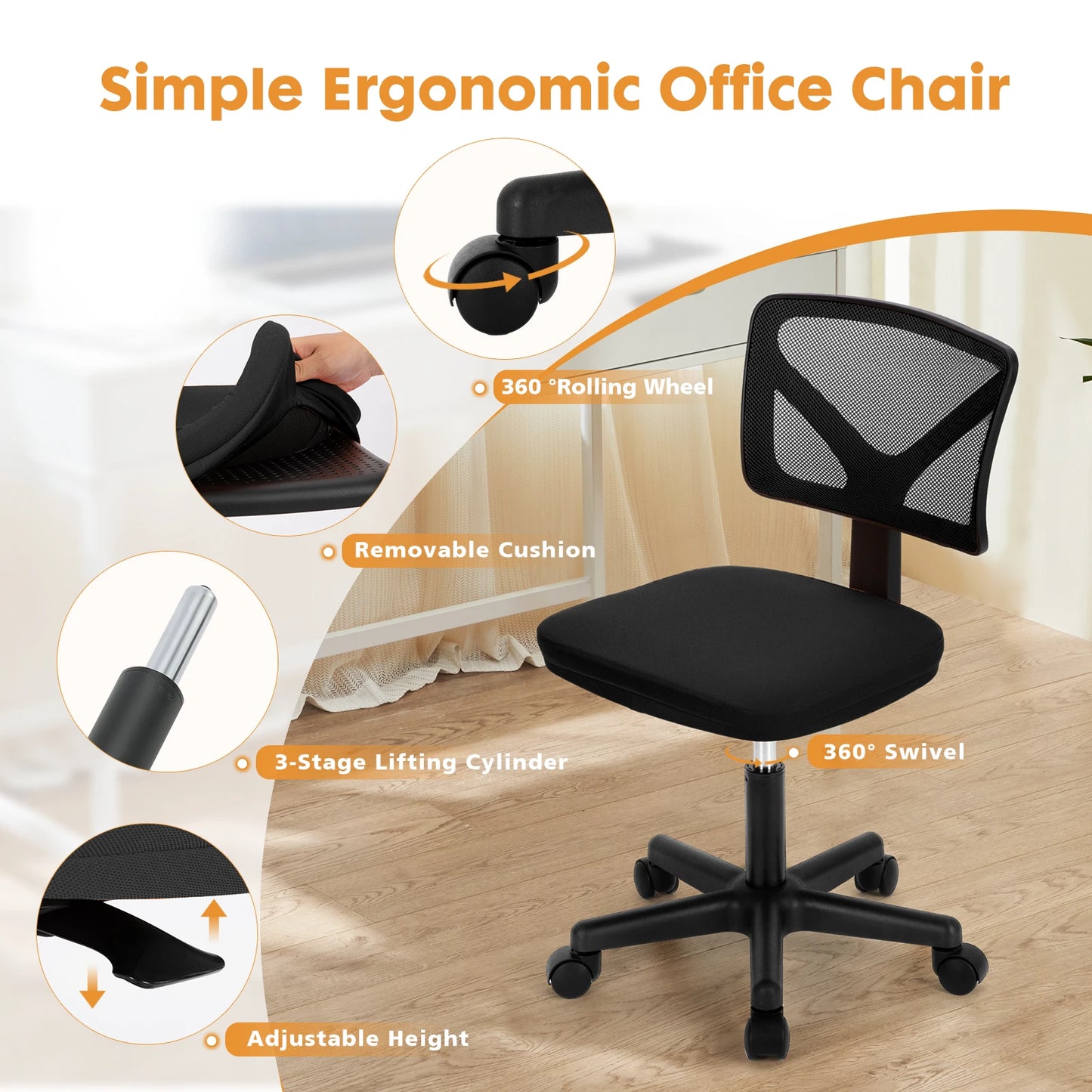 JHK Armless Mesh Office Chair | Lumbar Support & 360° Swivel
