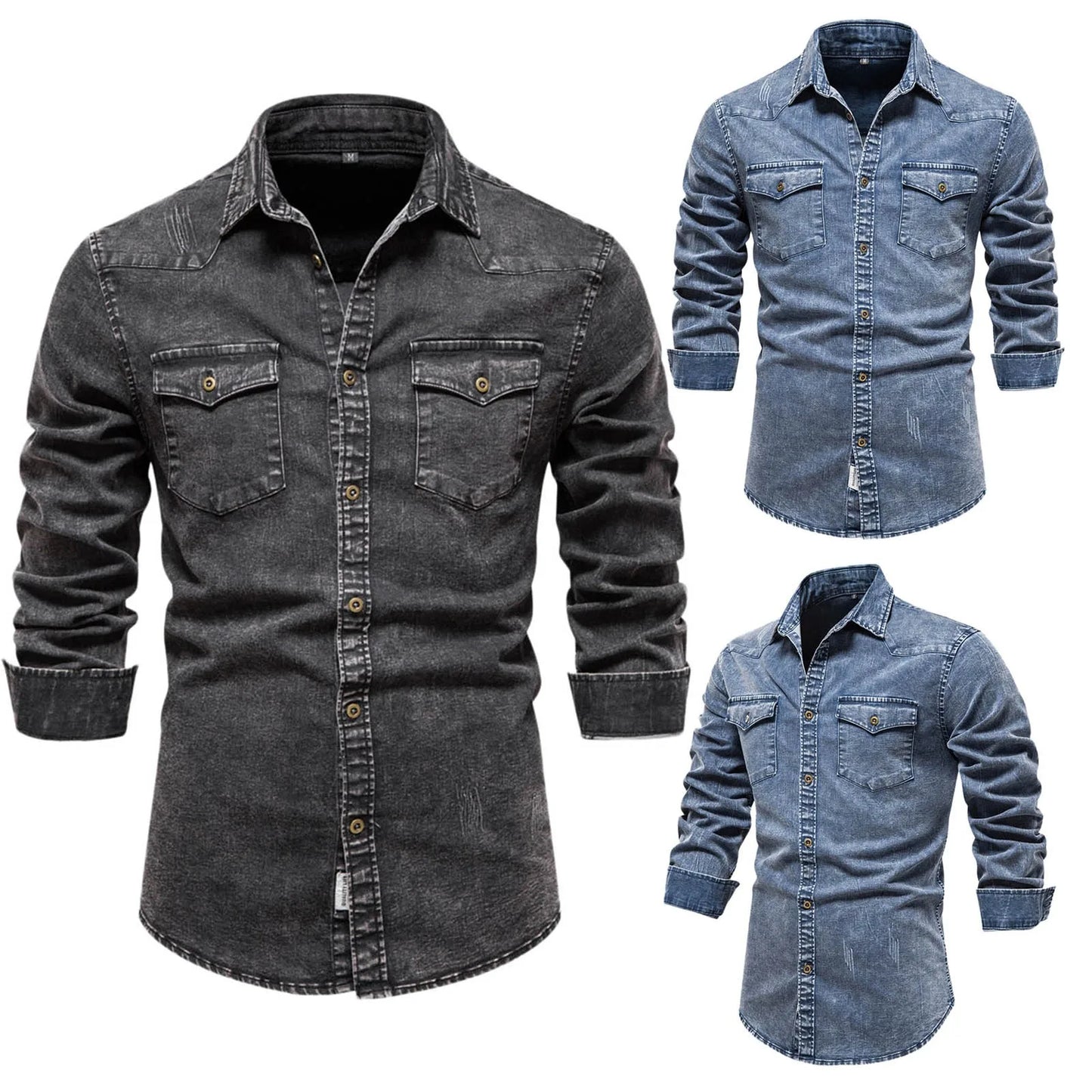 Curled Edge Sleeves Denim Shirts Men'S Slim Fitted Washed Classic Slim With Pocket Jeans Long Sleeve Shirt Camisa De Hombre