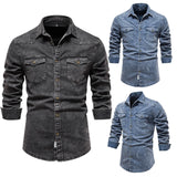 Curled Edge Sleeves Denim Shirts Men'S Slim Fitted Washed Classic Slim With Pocket Jeans Long Sleeve Shirt Camisa De Hombre