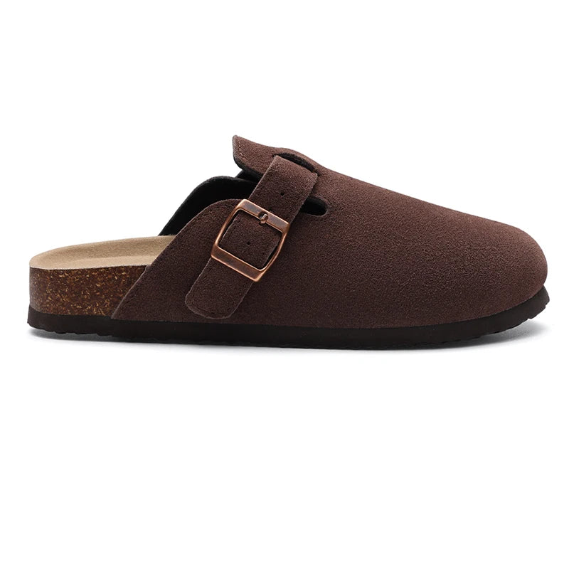 Kidmi Men's Suede Clogs Cork Footbed Clogs for Women Soft Leather Adjustable Buckle Slip-on Potato Shoes Sandals Beach Slippers