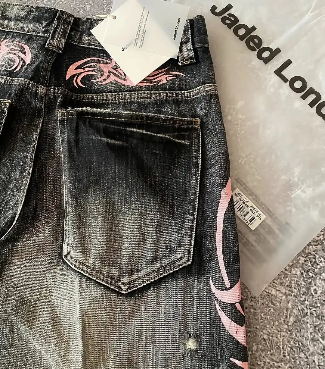 Y2K Dark Wash Wide Leg Jeans with Pink Flame Embroidery