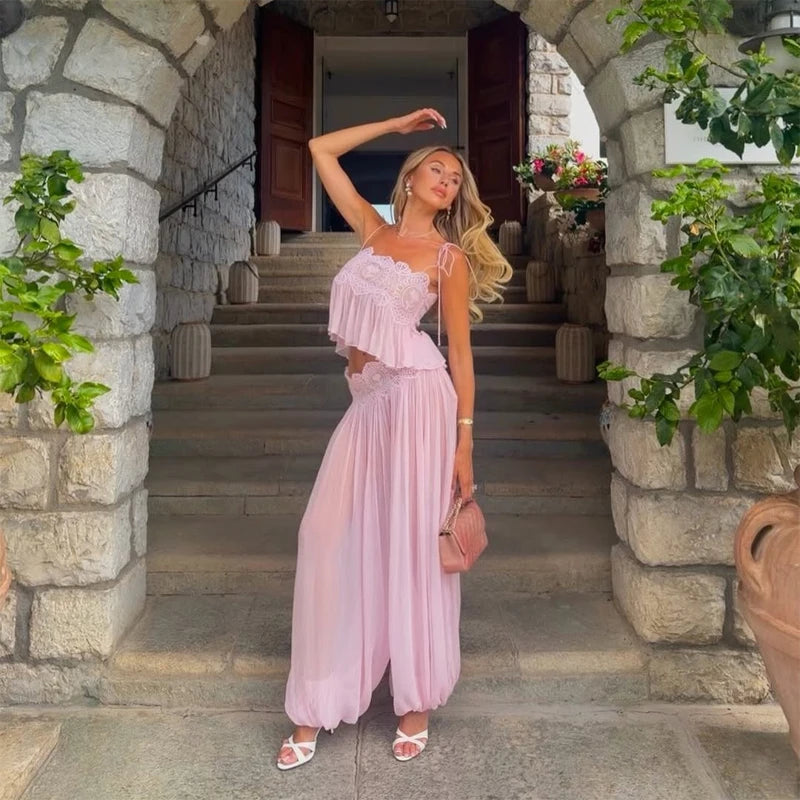 Women Floral Lace Sheer Layers Skirt Set Suspenders Ruffle Top High Waist Maxi Skirts 2026 Summer Beach Vacation Female Outfits