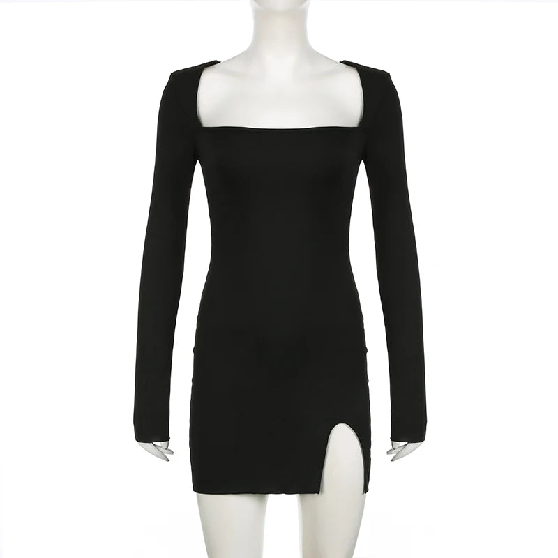 Autumn Black Square-Neck Backless Mini Dress - Long Sleeve Slim Fit Streetwear