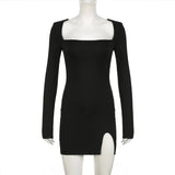 Autumn Black Square-Neck Backless Mini Dress - Long Sleeve Slim Fit Streetwear