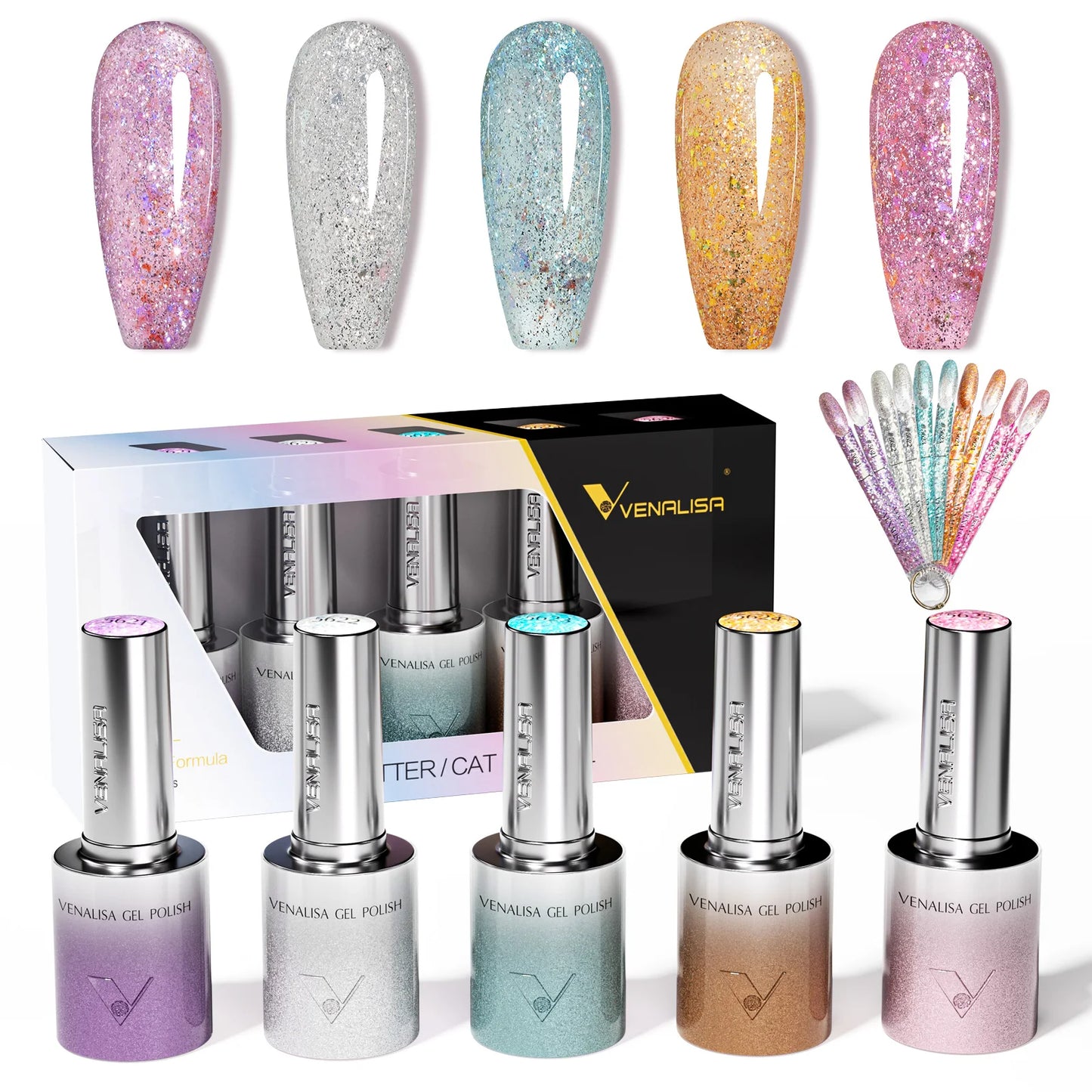 5pcs Venalisa Hema/TPO Free Cat Eye Nail Gel Polish Color Palette Kit Ultra Glitter Diamond Sparkle Soak Off UV LED Varnish Set