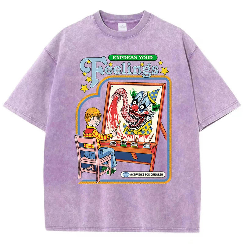 Unisex Washed Vintage Clown Graphic Cotton T-Shirt