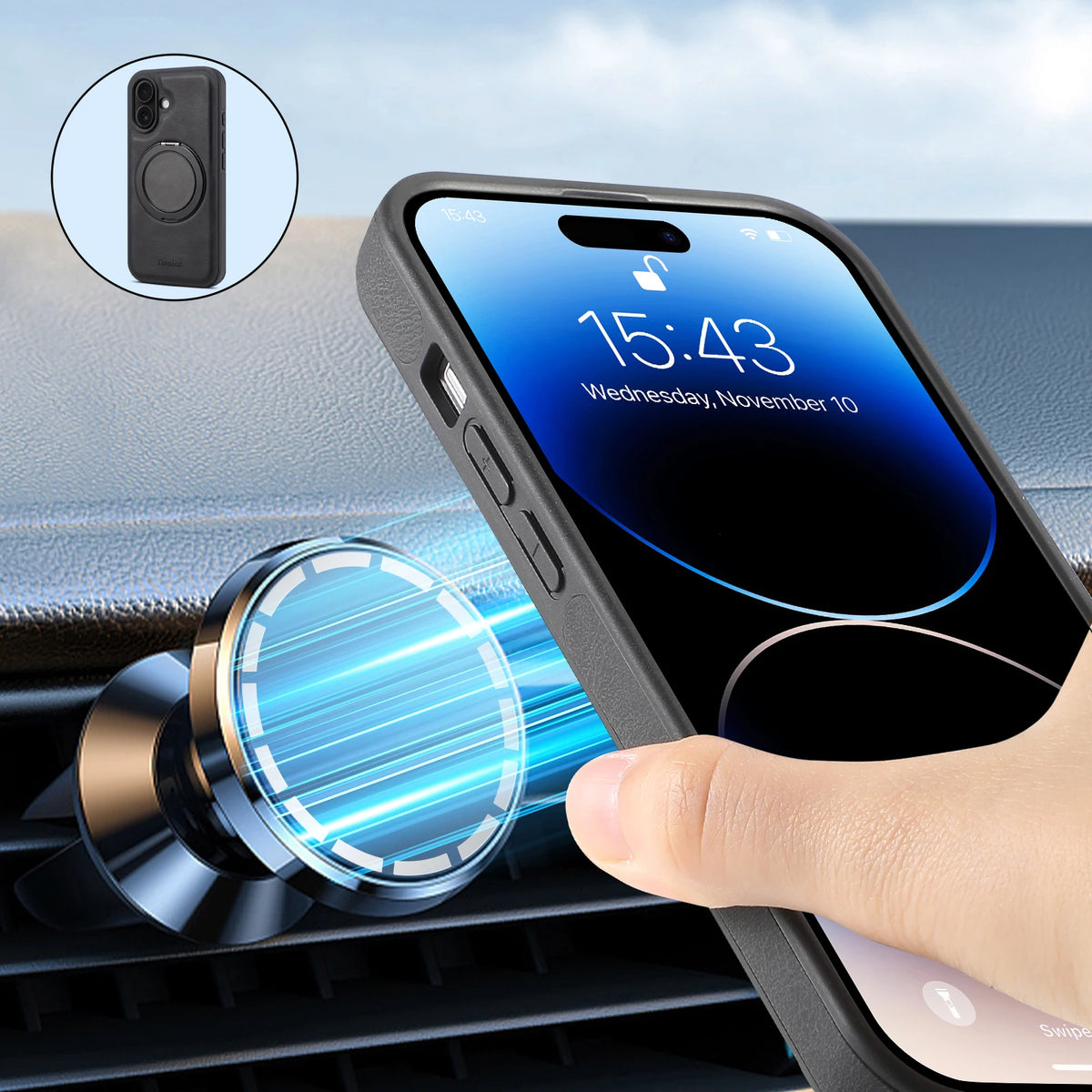 iPhone Faux Leather Case with 360° Ring Stand