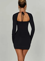 Autumn Black Square-Neck Backless Mini Dress - Long Sleeve Slim Fit Streetwear