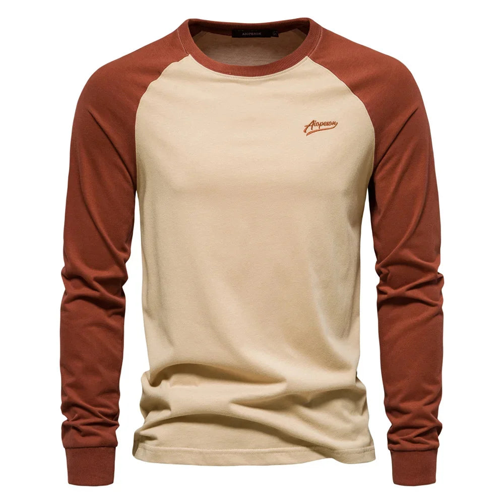 Men's Premium  Cotton Long Sleeve Patchwork T-Shirt