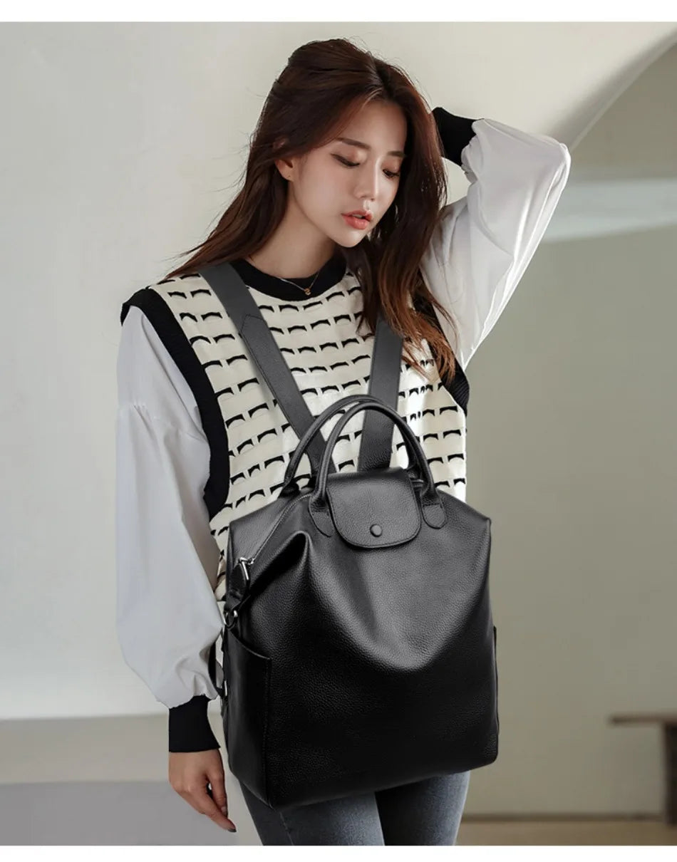 100% Genuine Cowhide Leather Women Backpack Large Capacity School Back Pack Female Casual Travel Bagpack Rucksacks for Girls Sac
