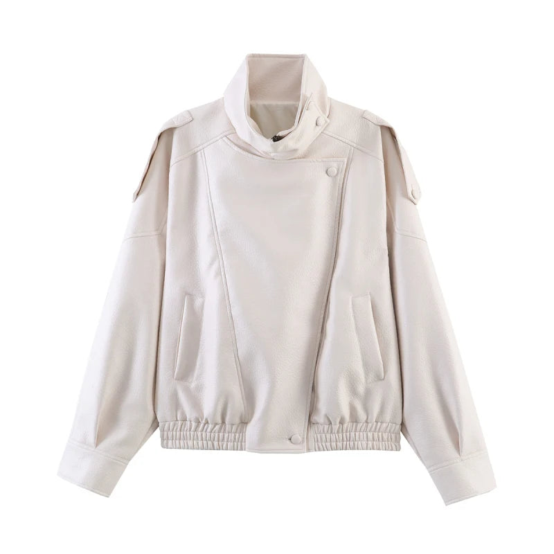 HH 2026 Women Trend Pu Leather Black Coats Stand Collar Long Sleeve Zipper Jacket Woman Fashion Vintage High Street Pu Jackets
