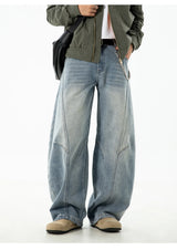 Autumn Retro Structured Split Washed Distressed Curved Jeans with Men's Silhouette Loose Straight Leg Pants Trendy Street Style