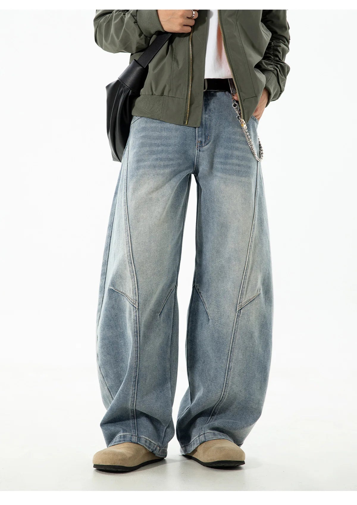 Autumn Retro Structured Split Washed Distressed Curved Jeans with Men's Silhouette Loose Straight Leg Pants Trendy Street Style