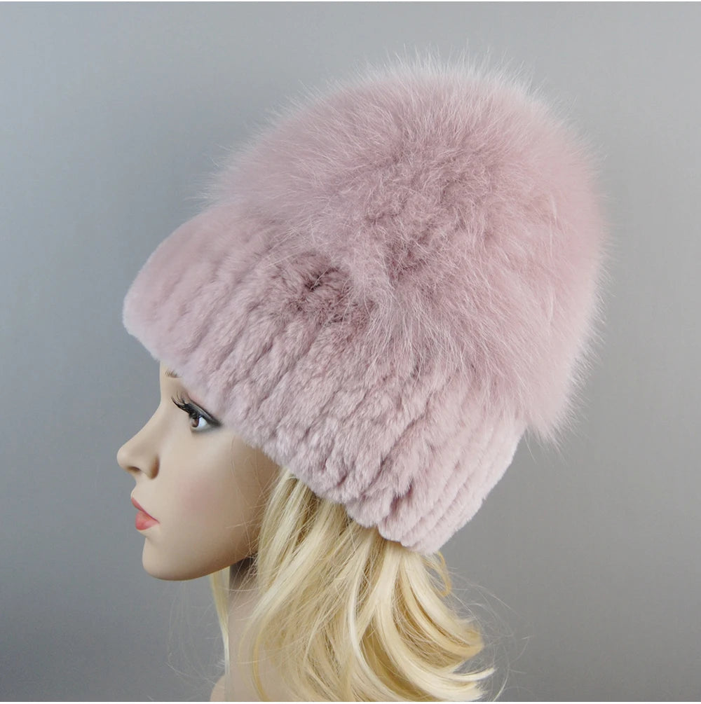 Women's Luxury Rex Rabbit & Fox Fur Beanie Hat