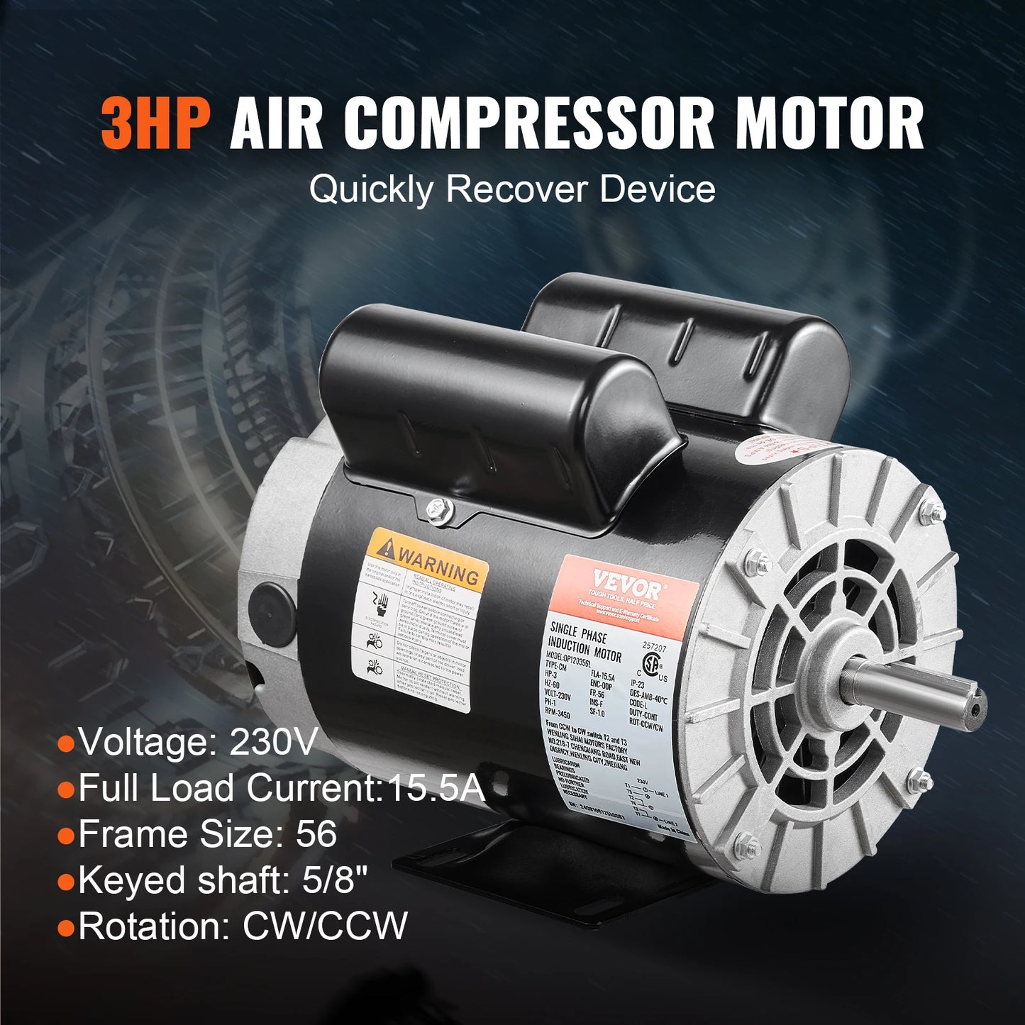SucceBuy 2/3/3.7HP Air Compressor Motor 230V Single Phase Electric Motor 3450RPM CW/CCW Rotation Motor for Air Compressors