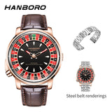 HANBORO Men's Fully Automatic Mechanical Watch Casino Wheel Rotating Dial Luxury Rose Gold Unique Personalized Watch