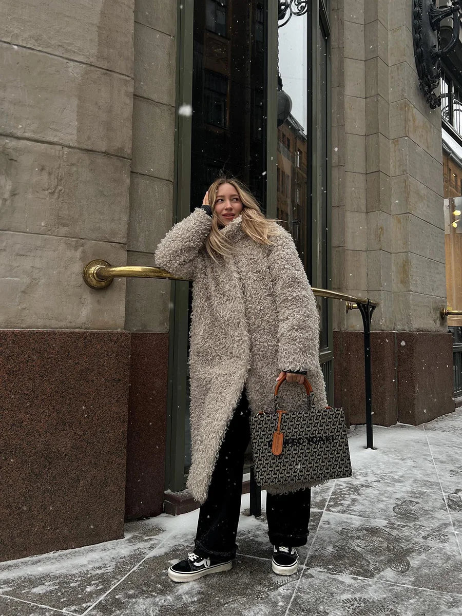 Gray Wool-Blend Faux Fur Maxi Coat