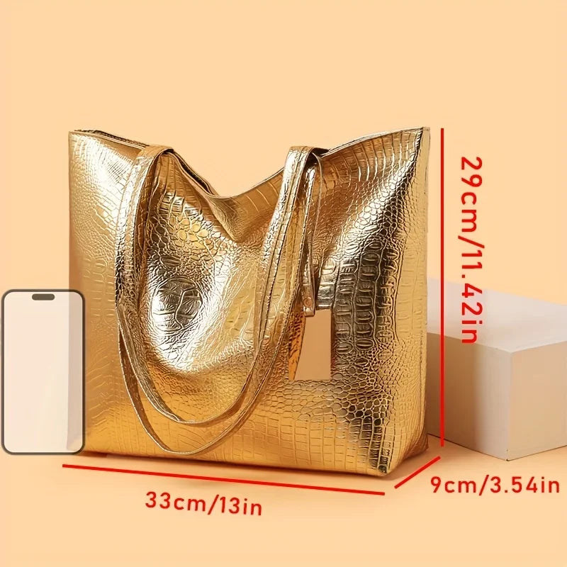 Women's Metallic PU Leather Tote Bag with Zipper