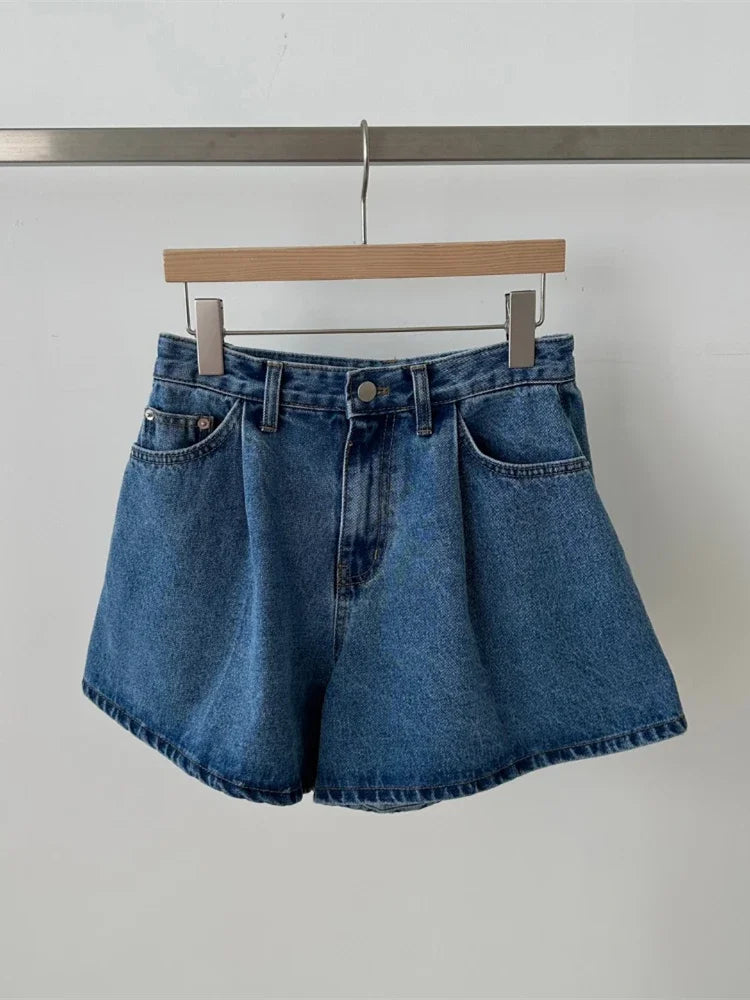 High-Waist Washed Denim Wide-Leg Shorts -Made Casual Blue Jean Shorts