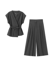 2-Piece Sleeveless V-Neck Trouser Set with Belt – Summer Commuter Wide Leg Suit